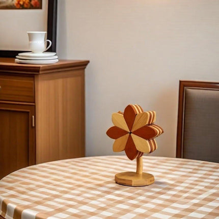 Coasters - Heat-insulating coasters - Wooden heat-insulating bowl mats - Set of coasters with floral motif - including stand - 5-piece set - Brown and natural bamboo.