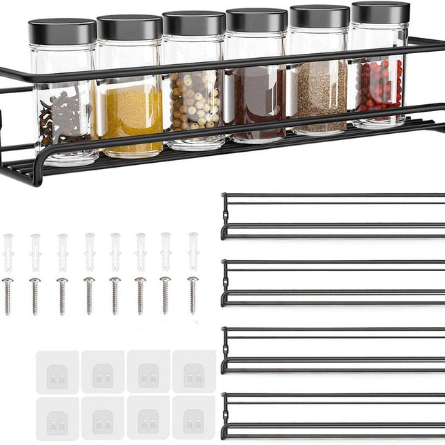 Four-Tier Metal Wall-Mounted Spice Rack - Suitable for Kitchens and Cabinet Interiors - Neatly Organizes Spice Jars and Spices (Black).
