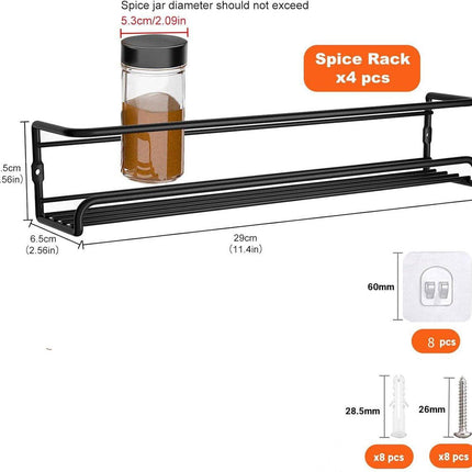 Four-Tier Metal Wall-Mounted Spice Rack - Suitable for Kitchens and Cabinet Interiors - Neatly Organizes Spice Jars and Spices (Black).