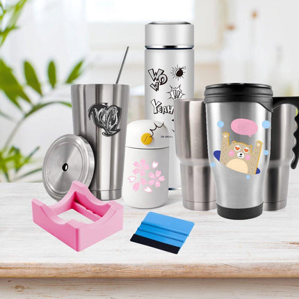 Vinyl Sticker Applicator for Cups - Silicone Cup Holder with Felt Edge Scraper - Silicone Cup Holder - Insulated Mug Holder - Non-Slip Glass Cup Holder - One-Handed Sticking for Mugs & Bottles - DIY Accessory - Pink.