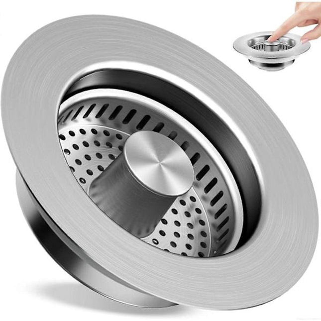 Sink Drain Strainer - 3-in-1 - Stainless Steel - Collapsible Sink Stopper - Strainer - Silver.