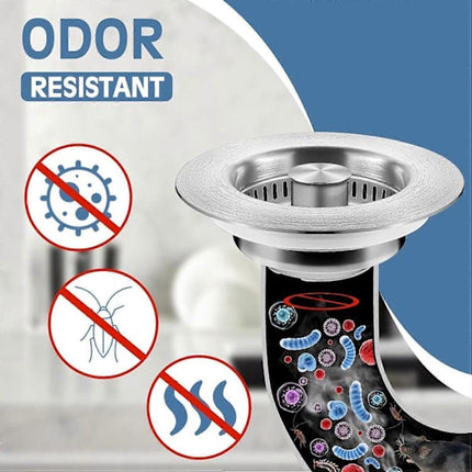 Sink Drain Strainer - 3-in-1 - Stainless Steel - Collapsible Sink Stopper - Strainer - Silver.