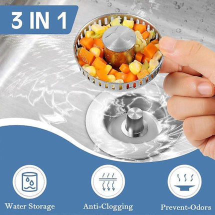 Sink Drain Strainer - 3-in-1 - Stainless Steel - Collapsible Sink Stopper - Strainer - Silver.
