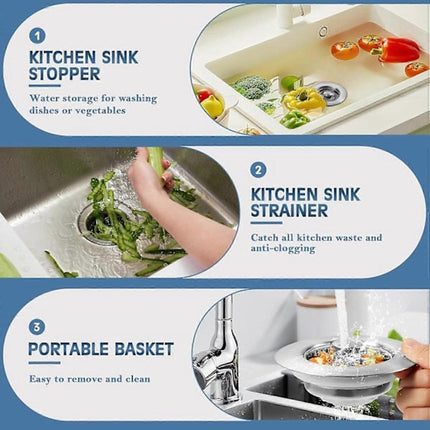 Sink Drain Strainer - 3-in-1 - Stainless Steel - Collapsible Sink Stopper - Strainer - Silver.