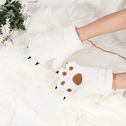 Gloves - 1 pair - Winter gloves - Cartoon gloves - Neckband - Children's gloves - Warm gloves - Plush gloves - One size（White）.