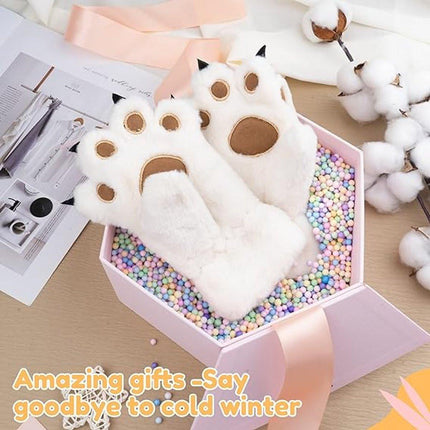 Gloves - 1 pair - Winter gloves - Cartoon gloves - Neckband - Children's gloves - Warm gloves - Plush gloves - One size（White）.