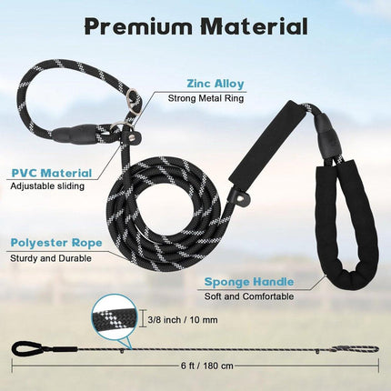 1.8m Long Dog Training Leash - Durable, tension-free polyester dog leash with two padded handles and reflective thread - For small and medium-sized dogs - Black.