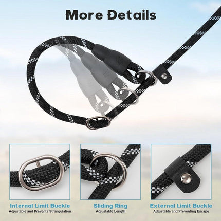 1.8m Long Dog Training Leash - Durable, tension-free polyester dog leash with two padded handles and reflective thread - For small and medium-sized dogs - Black.