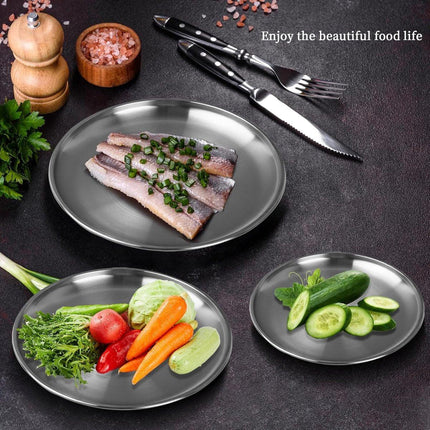 Dinner Plates - 3-Piece - Stainless Steel Plates - 20cm, 23cm, 26cm - Matte Finish - Reusable - Suitable for outdoor use, picnics, kitchens, and parties.