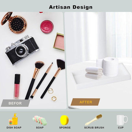 Tray - Two-piece set - Dressing table tray - Bathroom storage tray - Cosmetics storage tray - Bathroom storage box - Suitable for storing candles, soap, towels, perfume, etc. - White - 20x10x1.8 cm.