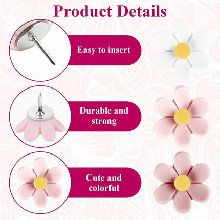 Push Pins - 30 pieces - Flower-shaped push pins - Flower pins for notice boards - Pin board pins - Decorative push pins - Suitable for notice boards, offices, schools and home use..