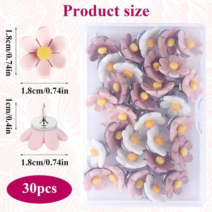 Push Pins - 30 pieces - Flower-shaped push pins - Flower pins for notice boards - Pin board pins - Decorative push pins - Suitable for notice boards, offices, schools and home use..