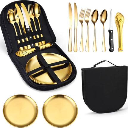 2 Person Cutlery Set (10-piece) - Camping Set for 2 People - Spoons, Knives, Forks, Steak Knives - 10 Pieces Stainless Steel Cutlery - Including Carrying Bag - For Picnic & Travel - Gold.