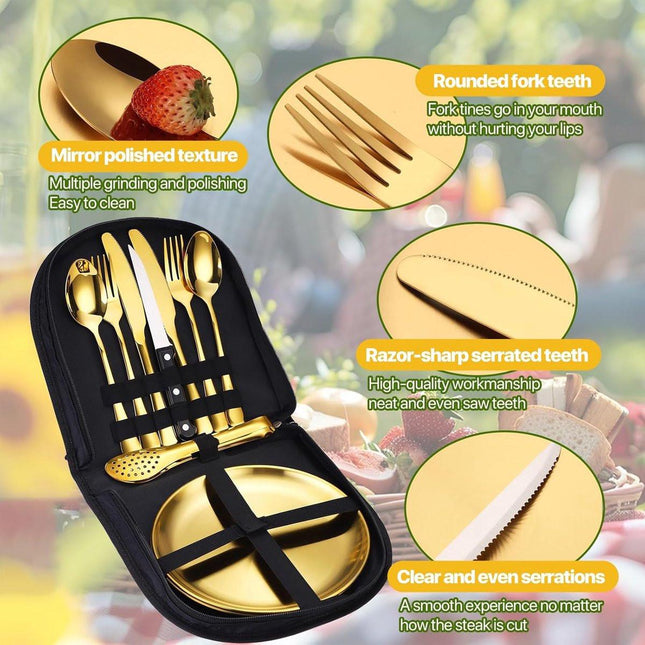 2 Person Cutlery Set (10-piece) - Camping Set for 2 People - Spoons, Knives, Forks, Steak Knives - 10 Pieces Stainless Steel Cutlery - Including Carrying Bag - For Picnic & Travel - Gold.