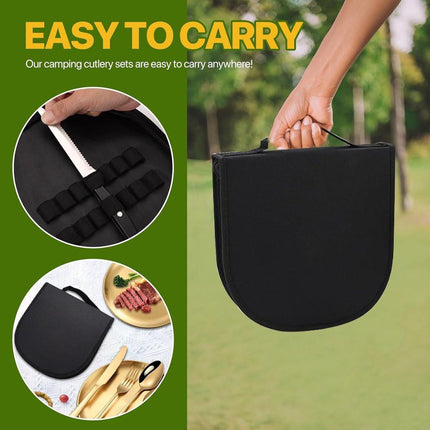 2 Person Cutlery Set (10-piece) - Camping Set for 2 People - Spoons, Knives, Forks, Steak Knives - 10 Pieces Stainless Steel Cutlery - Including Carrying Bag - For Picnic & Travel - Gold.