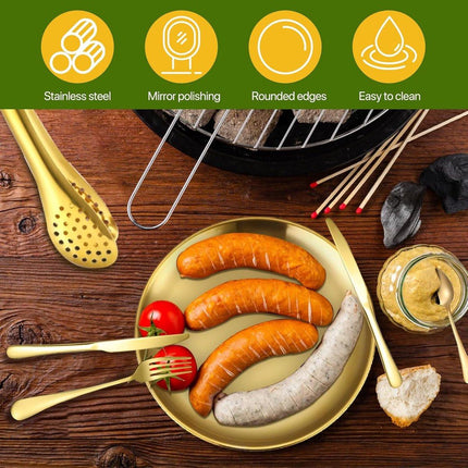 2 Person Cutlery Set (10-piece) - Camping Set for 2 People - Spoons, Knives, Forks, Steak Knives - 10 Pieces Stainless Steel Cutlery - Including Carrying Bag - For Picnic & Travel - Gold.