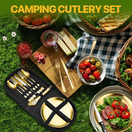 2 Person Cutlery Set (10-piece) - Camping Set for 2 People - Spoons, Knives, Forks, Steak Knives - 10 Pieces Stainless Steel Cutlery - Including Carrying Bag - For Picnic & Travel - Gold.