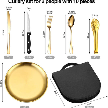 2 Person Cutlery Set (10-piece) - Camping Set for 2 People - Spoons, Knives, Forks, Steak Knives - 10 Pieces Stainless Steel Cutlery - Including Carrying Bag - For Picnic & Travel - Gold.