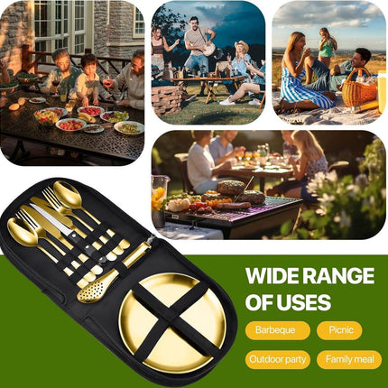 2 Person Cutlery Set (10-piece) - Camping Set for 2 People - Spoons, Knives, Forks, Steak Knives - 10 Pieces Stainless Steel Cutlery - Including Carrying Bag - For Picnic & Travel - Gold.