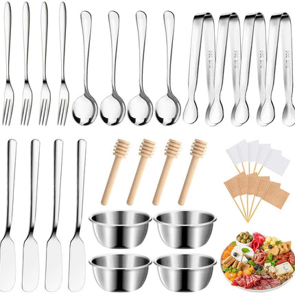 cutlery set - 34-piece set - cheese knife | pastry forks | oval coffee spoons | kitchen tongs & serving tongs | stirring spoon | stainless steel bowl |  -  food labels.