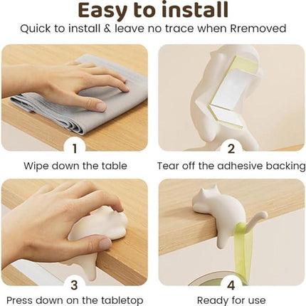 Hooks - 4-Pack - Cat Shape - Backpack Hooks - Non-Slip Hooks - No Drilling Required - Compact and Portable - Suitable for office, home, etc., and can also be used for home decoration. (Black + Off-White + Yellow + Pink).