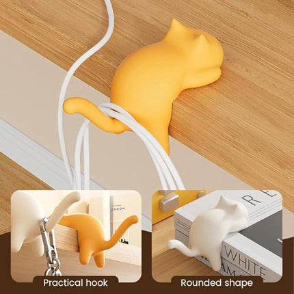 Hooks - 4-Pack - Cat Shape - Backpack Hooks - Non-Slip Hooks - No Drilling Required - Compact and Portable - Suitable for office, home, etc., and can also be used for home decoration. (Black + Off-White + Yellow + Pink).