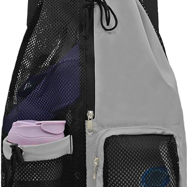 Backpack - Sports Bag - Travel Bag - Training Bag - Swimming Bag - 30*15*45cm - Mesh Material - Drawstring Design - Side Storage Space - Unisex - Suitable for Fitness, Swimming, Travel, Dancing, Camping（Gray）.