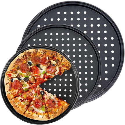 Pizza Baking Pan Set - Pizza Stone Set - Pizza Platter | Pizza Baking Tray | Pizza Plate - Carbon Steel - With Ventilation Holes - Oven-Safe - Home | Kitchen | Dining Room (26cm & 28cm & 32cm).