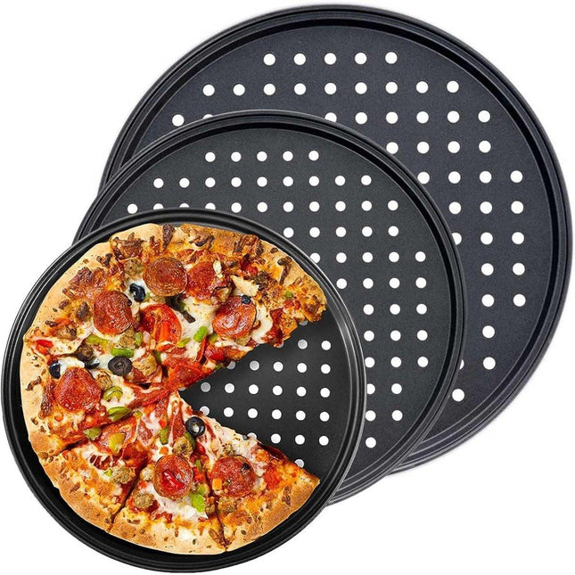 Pizza Baking Pan Set - Pizza Stone Set - Pizza Platter | Pizza Baking Tray | Pizza Plate - Carbon Steel - With Ventilation Holes - Oven-Safe - Home | Kitchen | Dining Room (26cm & 28cm & 32cm).
