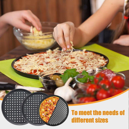 Pizza Baking Pan Set - Pizza Stone Set - Pizza Platter | Pizza Baking Tray | Pizza Plate - Carbon Steel - With Ventilation Holes - Oven-Safe - Home | Kitchen | Dining Room (26cm & 28cm & 32cm).