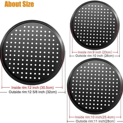 Pizza Baking Pan Set - Pizza Stone Set - Pizza Platter | Pizza Baking Tray | Pizza Plate - Carbon Steel - With Ventilation Holes - Oven-Safe - Home | Kitchen | Dining Room (26cm & 28cm & 32cm).