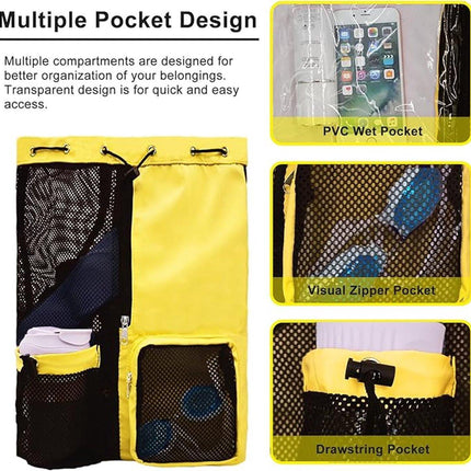 Backpack - Sports Bag - Travel Bag - Training Bag - Swimming Bag - 30*15*45cm - Mesh Material - Drawstring Design - Side Storage Space - Unisex - Suitable for Fitness, Swimming, Travel, Dancing, Camping（Yellow）.