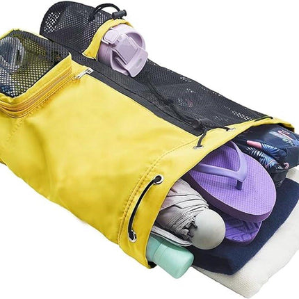 Backpack - Sports Bag - Travel Bag - Training Bag - Swimming Bag - 30*15*45cm - Mesh Material - Drawstring Design - Side Storage Space - Unisex - Suitable for Fitness, Swimming, Travel, Dancing, Camping（Yellow）.