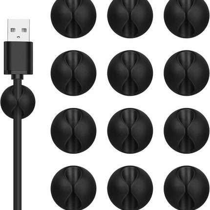 Pack of 12 Cable Clips - Black, Self-Adhesive Cable Organizer - Charger Holder - Cable Organizer - Suitable for bedside tables, desks, offices and for storing mice..