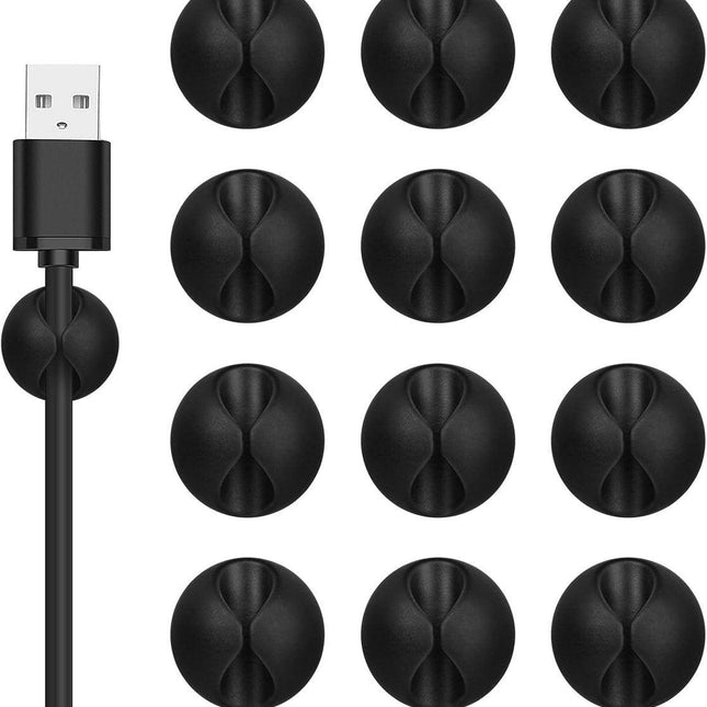 Pack of 12 Cable Clips - Black, Self-Adhesive Cable Organizer - Charger Holder - Cable Organizer - Suitable for bedside tables, desks, offices and for storing mice..