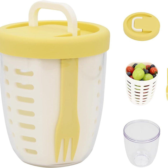 Fruit Bowl - Salad Bowl - Leakproof reusable food container with lid and draining basket - Suitable for work, school, and travel. - 650 ml (Yellow).