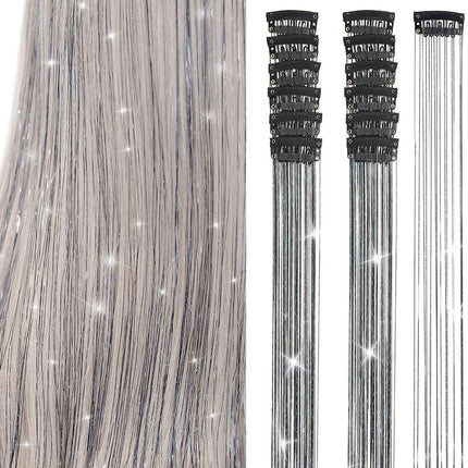 Hair Tinsels - Festival Hair Extensions - Glitter Hair Extensions - 12-Piece Clip-On Hair Accessory Set - 52cm Long Glitter Hair Extensions, for Christmas and New Year, Glitter Hair Extensions, Suitable for Women, Girls and Children (Black).