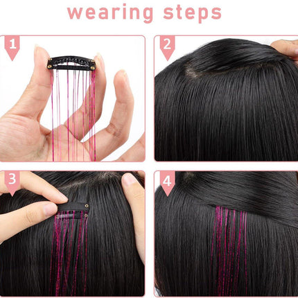 Hair Tinsels - Festival Hair Extensions - Glitter Hair Extensions - 12-Piece Clip-On Hair Accessory Set - 52cm Long Glitter Hair Extensions, for Christmas and New Year, Glitter Hair Extensions, Suitable for Women, Girls and Children (Black).