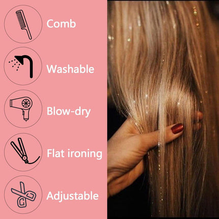 Hair Tinsels - Festival Hair Extensions - Glitter Hair Extensions - 12-Piece Clip-On Hair Accessory Set - 52cm Long Glitter Hair Extensions, for Christmas and New Year, Glitter Hair Extensions, Suitable for Women, Girls and Children (Black).