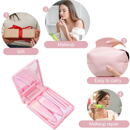Makeup Brush Set - 5-Pack - Portable - Travel Makeup Brush Set with Mirror Case - Professional Foundation Brush, Eyeshadow Brush, and Blending Brush for Women - Barbie Pink.