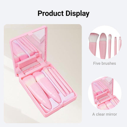 Makeup Brush Set - 5-Pack - Portable - Travel Makeup Brush Set with Mirror Case - Professional Foundation Brush, Eyeshadow Brush, and Blending Brush for Women - Barbie Pink.