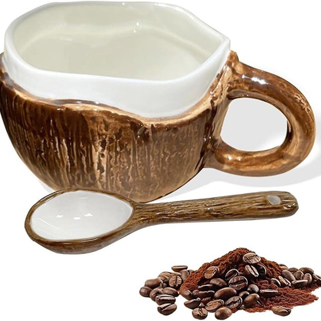 Drinking Cup - With spoon - Ceramic mug - Shape of coconut - Capacity 10oz - Suitable for tea, oatmeal, hot chocolate, etc. - Nice gift mug for home and office.