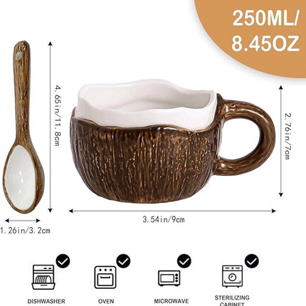 Drinking Cup - With spoon - Ceramic mug - Shape of coconut - Capacity 10oz - Suitable for tea, oatmeal, hot chocolate, etc. - Nice gift mug for home and office.