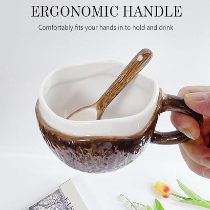 Drinking Cup - With spoon - Ceramic mug - Shape of coconut - Capacity 10oz - Suitable for tea, oatmeal, hot chocolate, etc. - Nice gift mug for home and office.