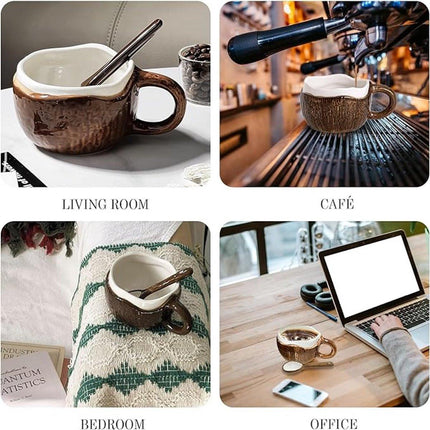 Drinking Cup - With spoon - Ceramic mug - Shape of coconut - Capacity 10oz - Suitable for tea, oatmeal, hot chocolate, etc. - Nice gift mug for home and office.