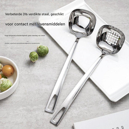 Soup Spoon Set - 2-Piece - Stainless Steel Soup Spoon - Strainer - Hanging Spoon - For Serving Soup - For Serving Porridge - Heat Resistant - Non-Slip - High Temperature Resistant.