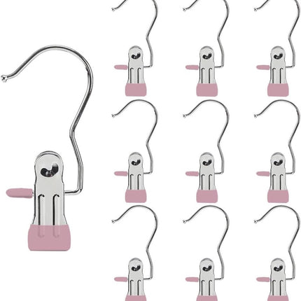 Clothes Pegs - Hangers with Clips - Stainless Steel Trouser Clips with Anti-Slip - Clothes Hooks - Hat Clips - Sock Clips - For Skirts, Trousers & Scarves (Pink, Pack of 10).