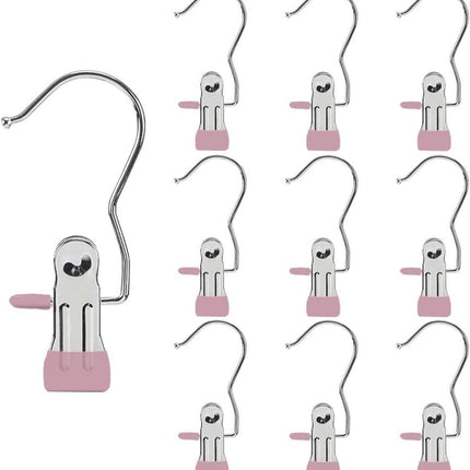 Clothes Pegs - Hangers with Clips - Stainless Steel Trouser Clips with Anti-Slip - Clothes Hooks - Hat Clips - Sock Clips - For Skirts, Trousers & Scarves (Pink, Pack of 10).