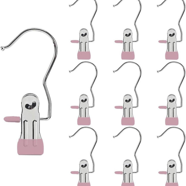 Clothes Pegs - Hangers with Clips - Stainless Steel Trouser Clips with Anti-Slip - Clothes Hooks - Hat Clips - Sock Clips - For Skirts, Trousers & Scarves (Pink, Pack of 10).