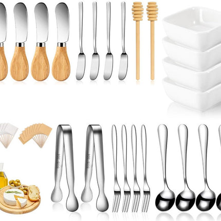 cutlery set - 44-piece set - cheese knife | pastry forks | oval coffee spoons | kitchen tongs & serving tongs | stirring spoon | ceramic bowl | blank food labels